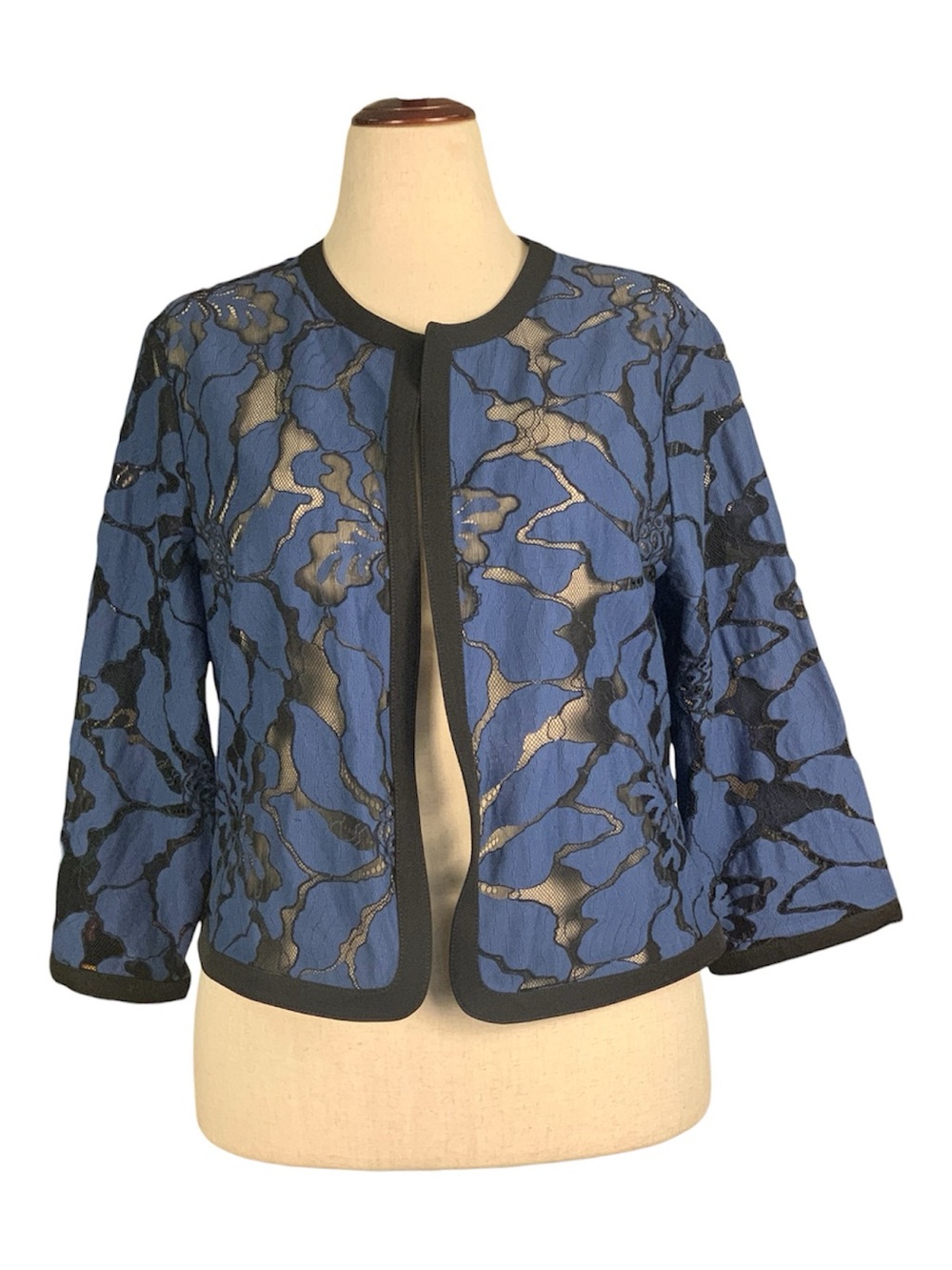 Anne Klein Elegant Navy Blue Floral Lace Overlay Jacket Black Trim Size 16